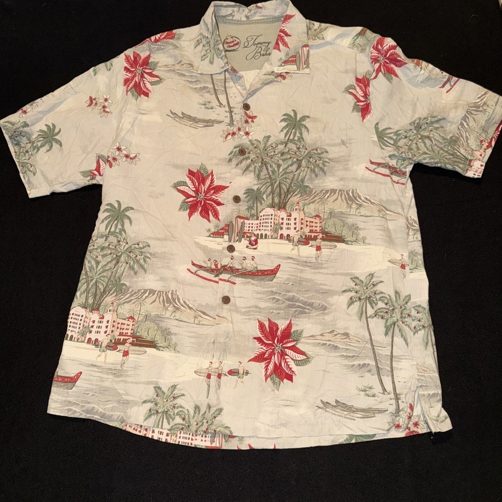TOMMY BAHAMA SEASONS GREETINGS BUTTON 100% SILK MENS LARGE